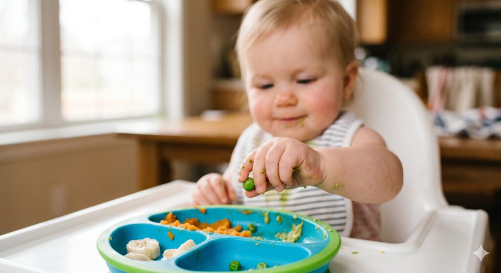 9-month-old baby using pincer grasp to pick up a single pea, showing fine motor skills milestone.