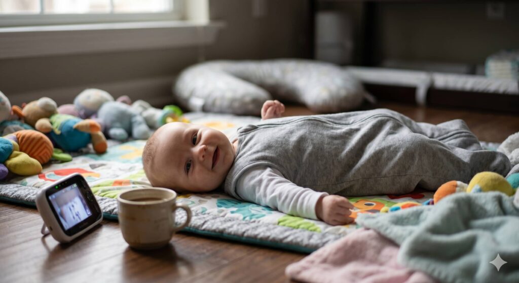 A happy 2-month-old baby with a big social smile lying next to a lukewarm cup of coffee and a baby monitor, illustrating a flexible and realistic 2 month old feeding routine