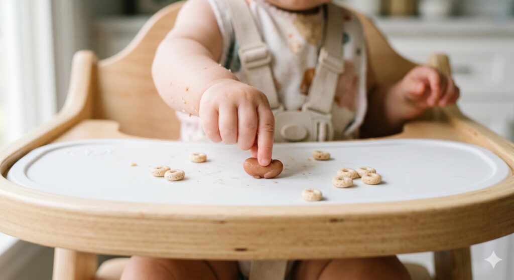 Visualizing the pincer grasp: an 8-month-old baby picking up a single soft-cooked bean from a high chair tray