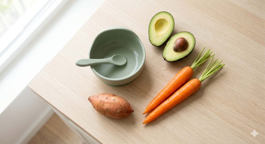 A flat-lay photography of fresh organic ingredients for first baby foods, including sweet potato, avocado, and carrots next to a baby bowl.