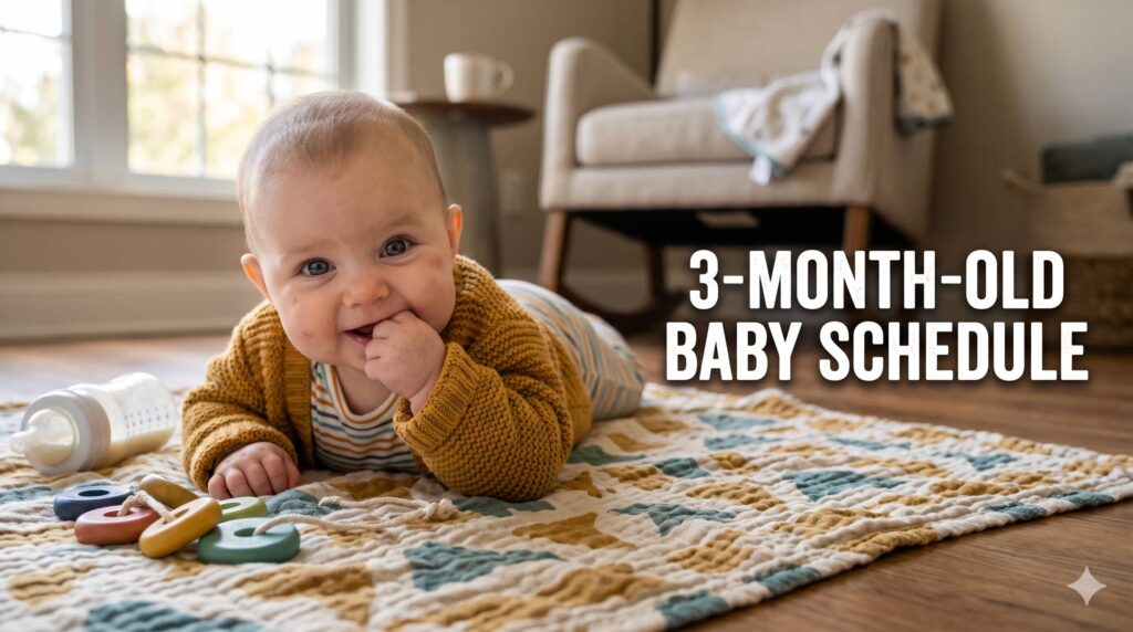 Realistic 3 month old feeding routine and daily baby schedule with infant on a muslin blanket