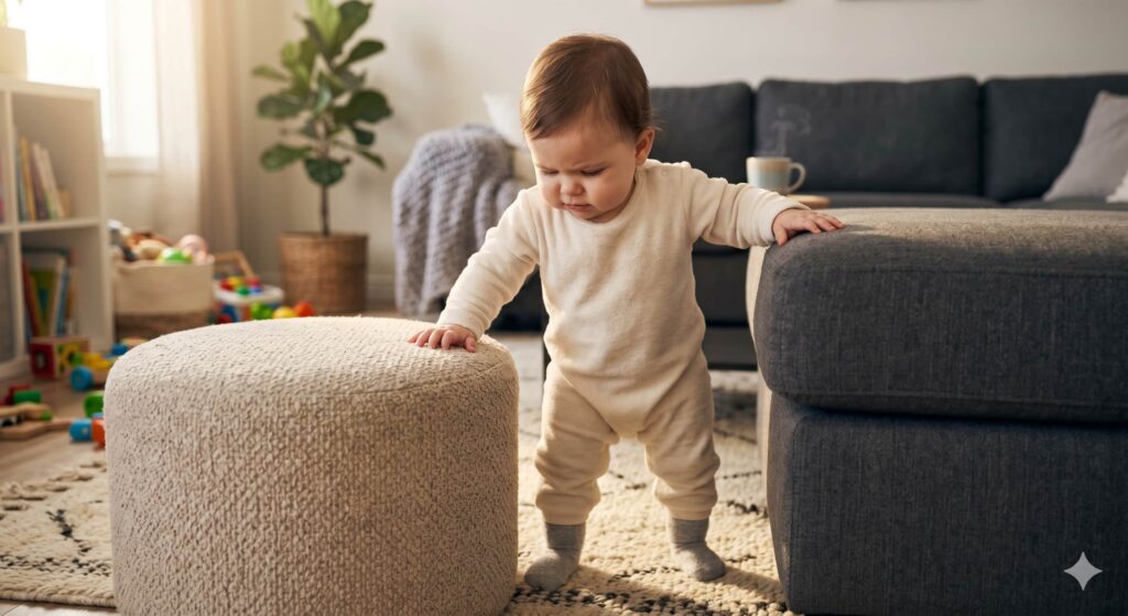 A detailed close-up of a baby's active brain development and nerve connections during hands-on exploration of diverse sensory play ideas for babies, featuring pasta, stones, and felt balls.