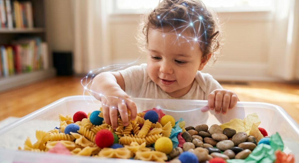 A detailed close-up of a baby's active brain development and nerve connections during hands-on exploration of diverse sensory play ideas for babies, featuring pasta, stones, and felt balls.