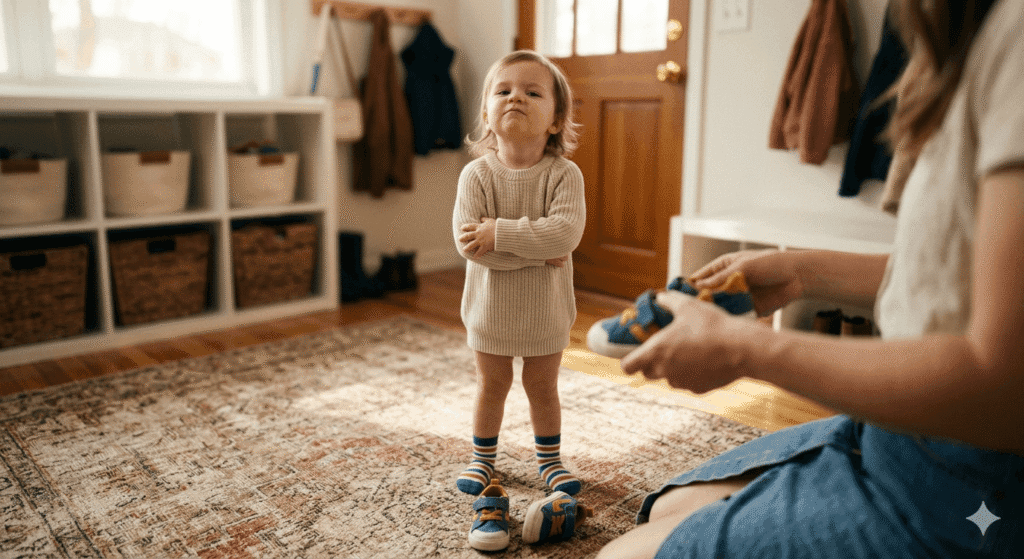 Independent 2-year-old toddler girl with crossed arms saying 'no' to her mother about putting on shoes, dynamic developmental milestone, helpful content for toddler moms.