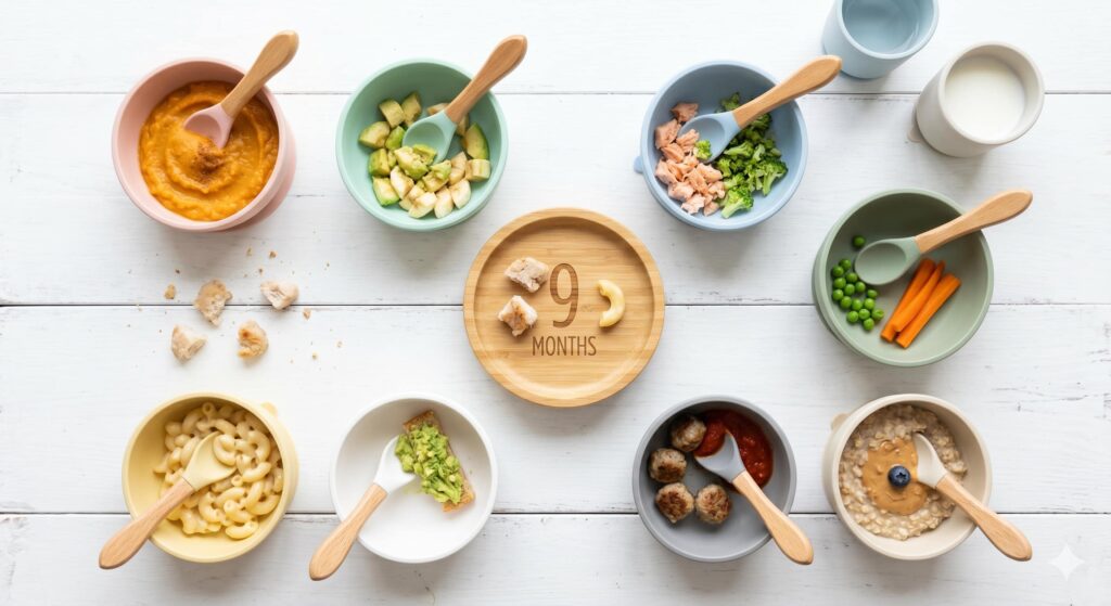 Best 9-month-old meal ideas including pasta, meatballs, avocado, and steamed vegetables for transitioning to table foods.