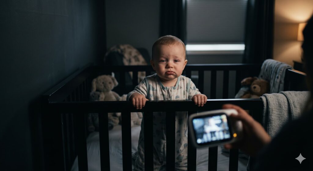 A grumpy, overtired baby sitting up in a dark crib after a short 20-minute crap nap, guide on how to extend baby sleep cycles