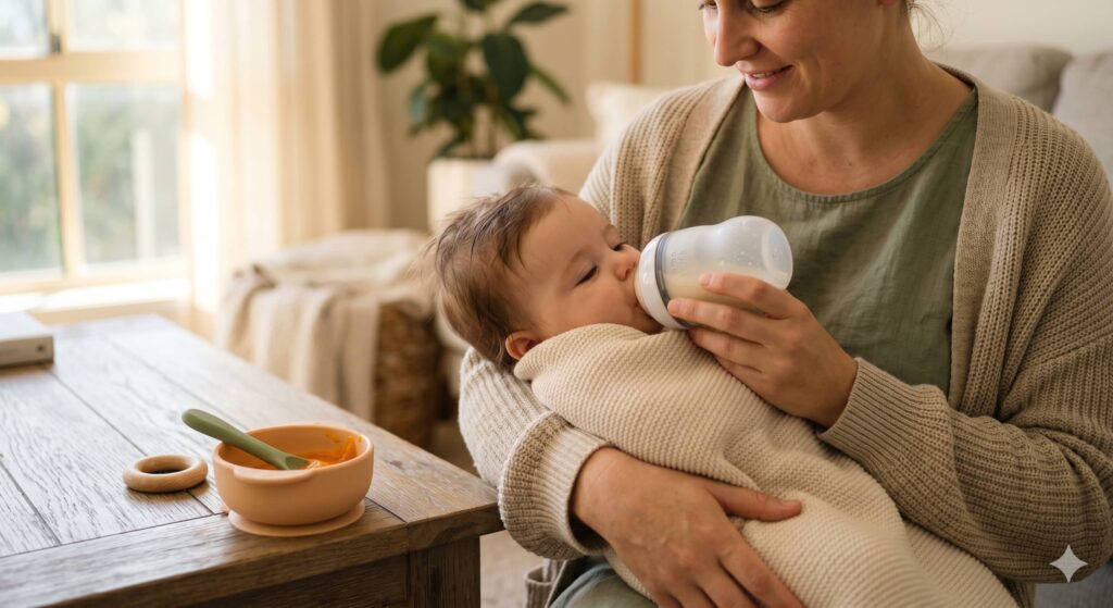 Balancing milk and solids in a 5 month old feeding routine to keep it stress-free