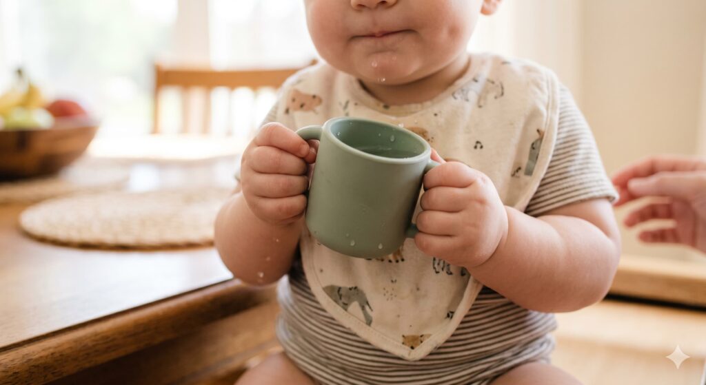 9-month-old baby feeding schedule: Introducing water in an open cup to stay hydrated.