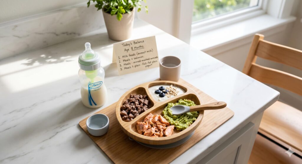 Visualizing a realistic balance for an 8-month-old: a sectioned bamboo tray with iron-rich poultry, Omega-3 salmon and avocado, and calcium-rich yogurt alongside a bottle of breast milk