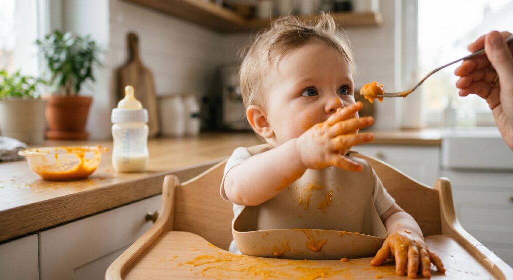 Signs of readiness for a 5 month old feeding routine showing a curious baby reaching for food