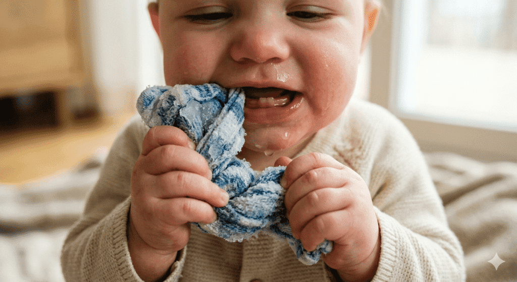 A close-up, authentic photo of a baby’s hands gripping a frozen, twisted washcloth and putting it to their mouth. Focus on the baby's gums and face, showing relief and concentration. Only the lower part of the face is visible, with visible drool. The light is natural and soft, coming from a window. The colors are muted and gentle. High detail, shallow depth of field, realistic texture of the frozen cloth, cozy vibe.