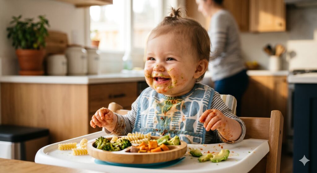 Happy 10-month-old baby exploring finger foods on a high chair - 10-month-old feeding schedule guide