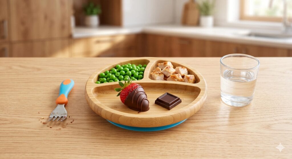A balanced toddler plate with peas, chicken, and a small treat, demonstrating practical strategies and the neutralization technique for setting sugar boundaries.