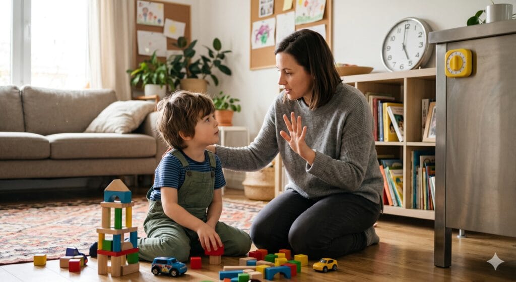 Subject: A warm, eye-level lifestyle photograph of a mother and her toddler in a cozy living room, focused on a moment of gentle communication. Action: The mother is kneeling down to the child's height, looking into their eyes with a soft, kind smile. She is gently touching the child’s arm. The toddler is holding a tablet, but it is tilted down, and the child is looking back at the mother, listening. Details: In the background, a soft-lit digital clock or a colorful sand timer is visible on a wooden coffee table, symbolizing the "5-minute warning." Atmosphere: The room is filled with soft, natural daylight. The aesthetic is minimalist and airy with neutral tones (beige, cream, light wood). Aesthetic: High-resolution photography, shallow depth of field, feeling empathetic and calm.