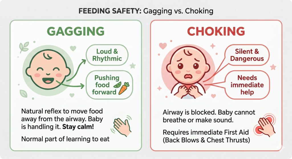 Gagging vs Choking infographic for babies: Understanding the safety differences during feeding.