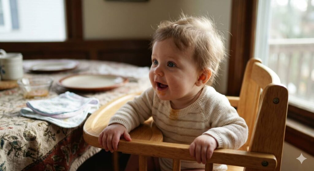 A baby girl in a high chair, showing signs of when can my baby start eating baby food, leaning forward and curious