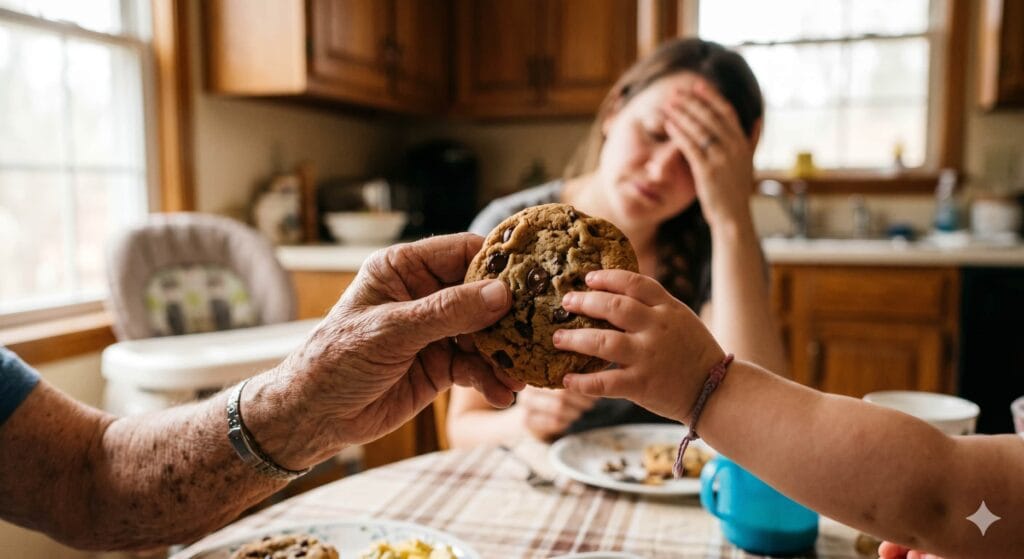 Close-up of grandparent hand giving a cookie to a toddler with mother's hand hesitating in the background, illustrating the grandparent factor and social pressure.