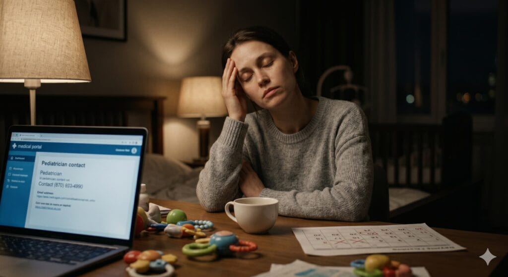 An exhausted young mother in a grey sweater sitting at a cluttered dining table late at night, massaging her temples with eyes closed and a laptop open, illustrating motherhood burnout and the constant pressure of the mental load of motherhood.