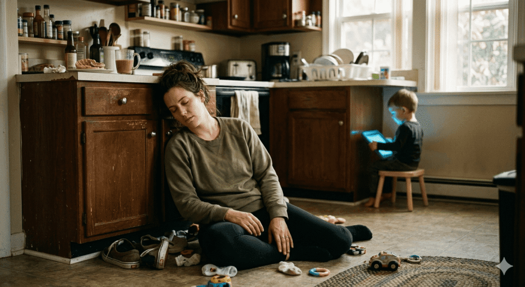 Tired mother resting on kitchen floor while her child uses a tablet, illustrating toddler screen time guilt and parental burnout.