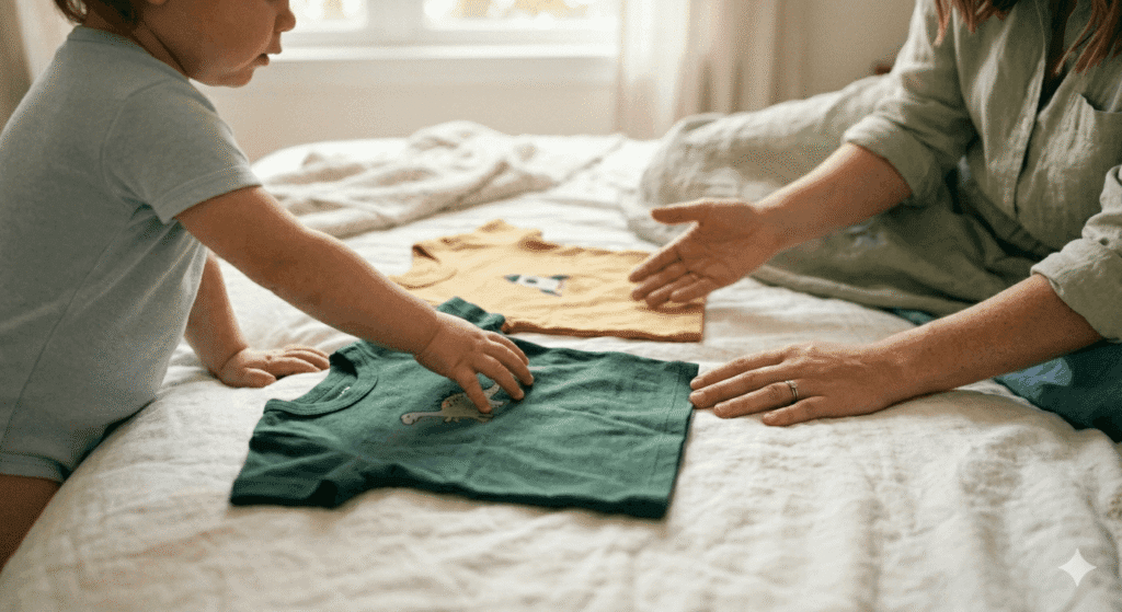 Toddler choosing between two shirts to wear, mother offering choices to give the child an illusion of control, positive parenting strategy for toddlers who say no to everything, helpful tips for independent kids.