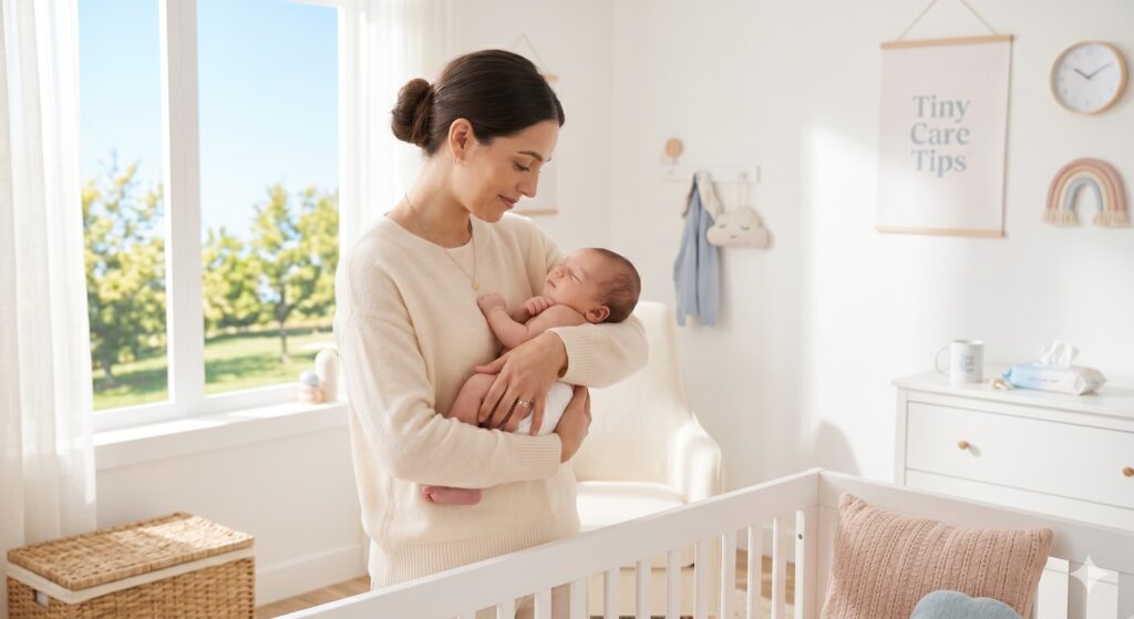 New mother in a light-filled, tidy nursery, tenderly cradling her one-month-old baby and naturally following their 'on-demand' rhythm, not watching a clock, for a calm and connected 1 month old feeding routine on Tiny Care Tips.
