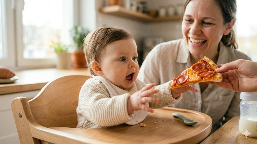 A curious 4 month old baby showing interest in food while observing a 4 month old feeding routine