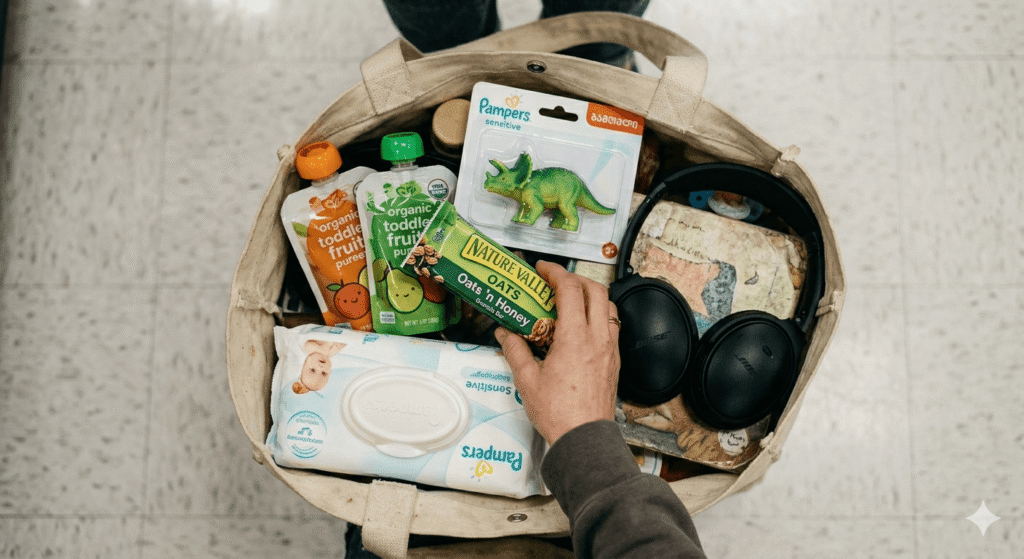Survival kit for toddler public meltdowns with snacks and toys