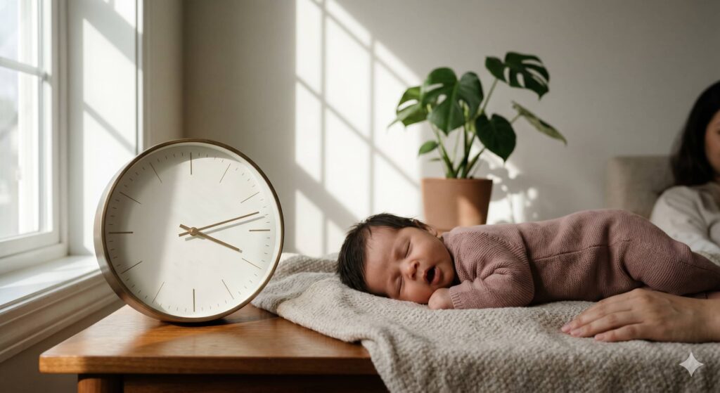 Conceptual and aesthetic photograph focusing on a new one-month-old baby with dark hair, lying peacefully and showing a sleepy cue (yawning) on an oatmeal blanket, illustrating the concept of following a wake window while a different mother observes near a minimalist clock on Tiny Care Tips.