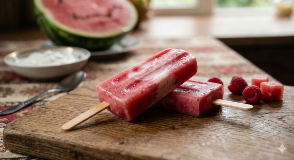 A vibrant close-up of finished watermelon and full-fat Greek yogurt popsicles resting on a rustic wooden table, next to fresh fruit, showing frost and a slight melt from a child's interaction