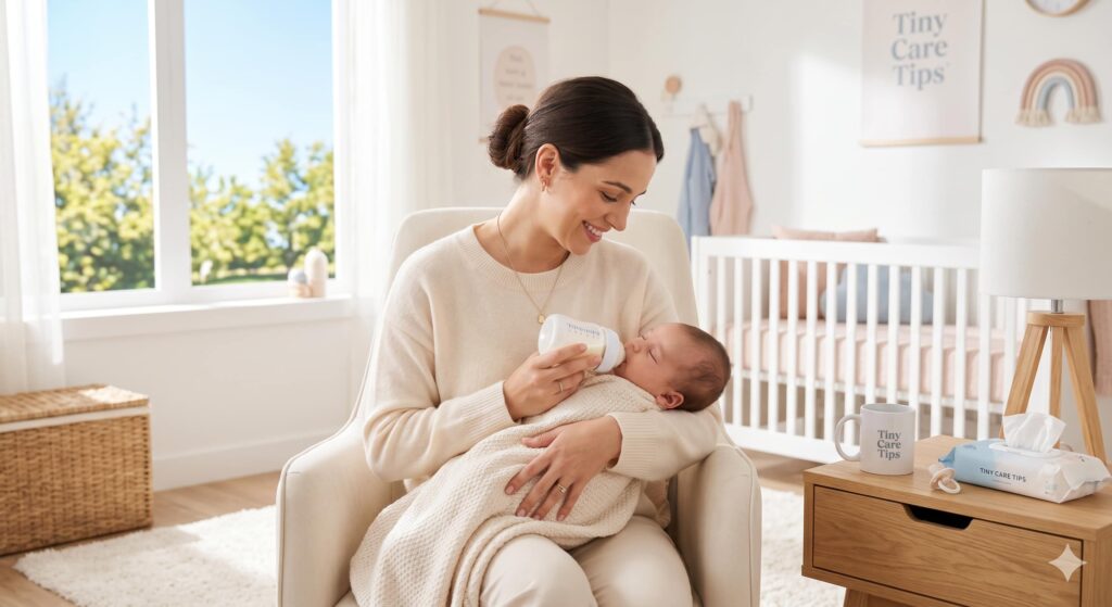 Happy and glowing new mom sitting in a light-filled, tidy nursery, bottle-feeding or breastfeeding her one-month-old baby in natural daylight, representing a calm and organized 1 month old feeding routine and cozy survival mode on Tiny Care Tips.