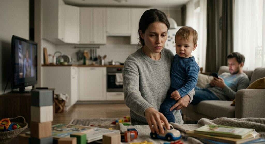 A mother multitasking with a toddler and household chores while her partner is relaxed in the background, illustrating the default parent syndrome and the unequal distribution of the mental load of motherhood.