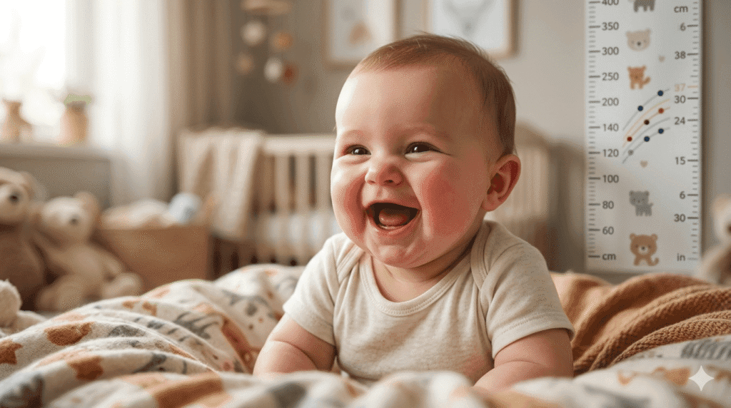 Happy chubby baby in a nursery illustrating healthy baby weight gain and growth