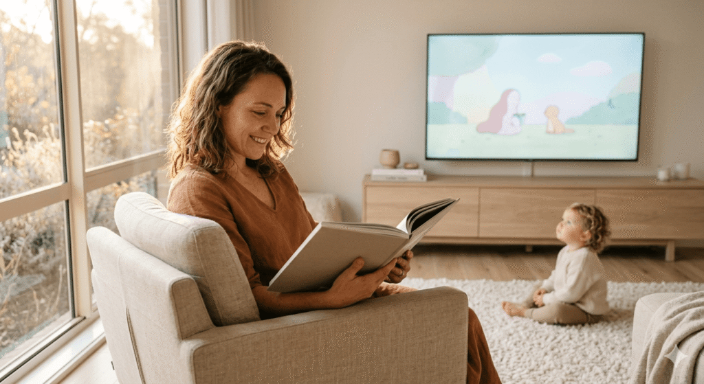 A calm mother enjoying a break while her toddler watches low dopamine shows for toddlers in a cozy, minimalist living room.