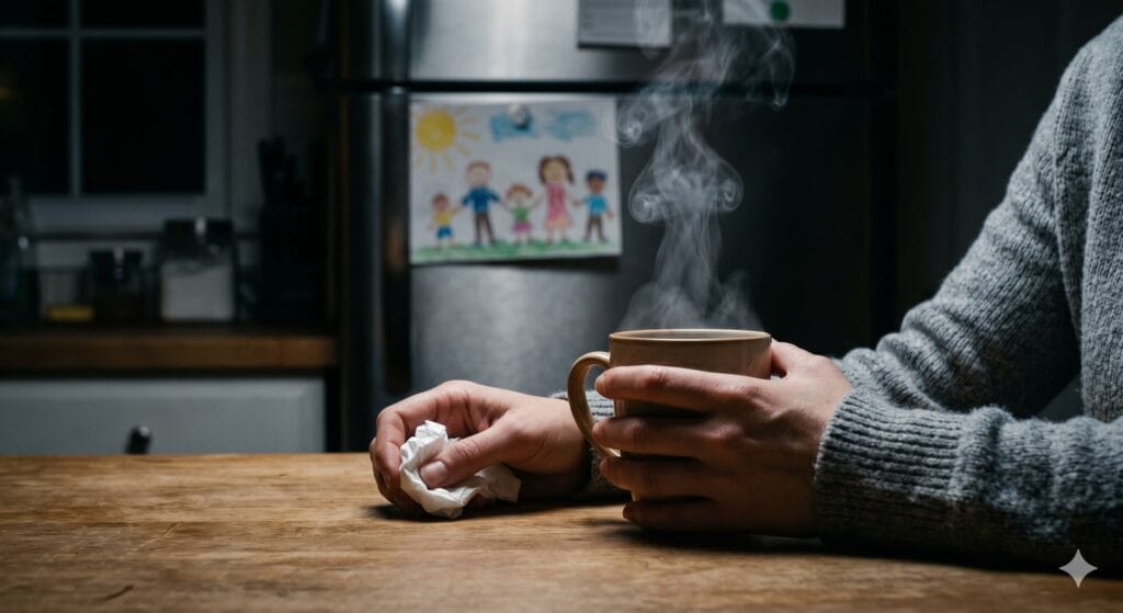 artistic close-up of a mother holding a coffee cup, symbolizing letting go of motherhood guilt