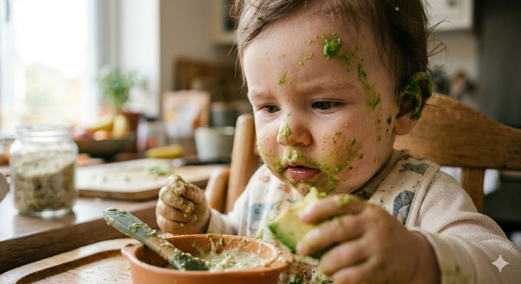Close-up of a baby's face covered in creamy avocado puree and breastmilk mash with "painted ears."