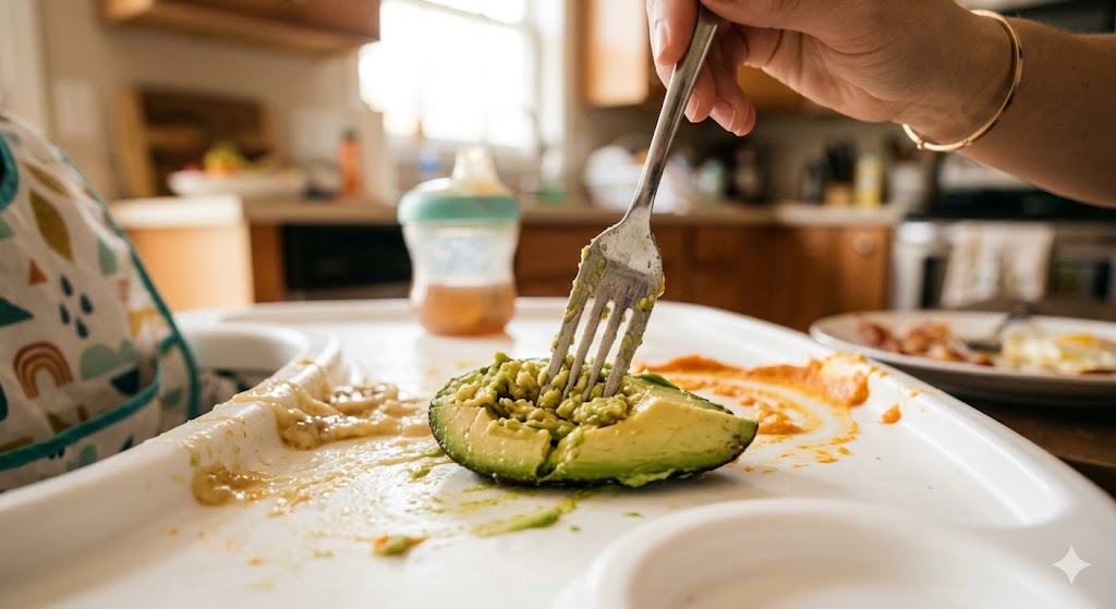 Close-up of changing baby food texture with a fork, mashed avocado on a high chair tray for a 7-month-old, baby food troubleshooting.