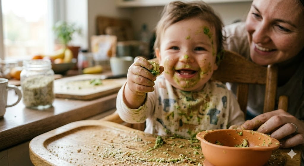 Close-up of a baby beaming with pride while demonstrating a perfect pincer grasp on a small avocado chunk in a messy high chair