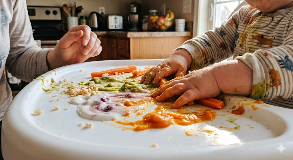 A 7-month-old baby using hands for sensory play with yogurt and purees on a high chair tray, showing a creative way to help when a baby suddenly rejecting spoon feeding