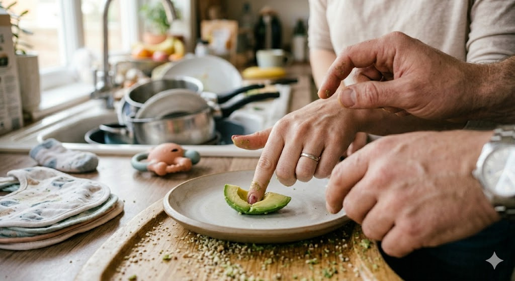 Close-up of a mother’s hand performing the "Squish Test" on an avocado wedge in a messy kitchen, next to a mimicking father’s hand