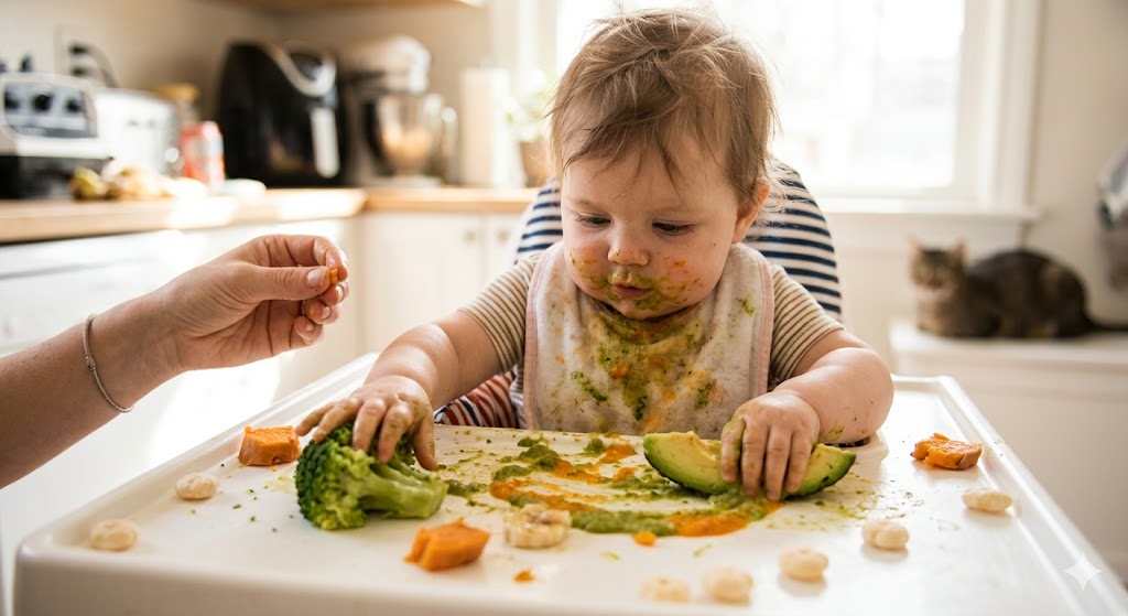 7-month-old baby girl exploring food with messy hands on a high chair tray instead of a spoon, Baby Led Weaning (BLW) troubleshooting.