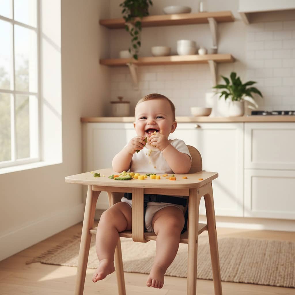 Happy baby eating healthy food in a high chair, illustrating that parenting is hard but rewarding.