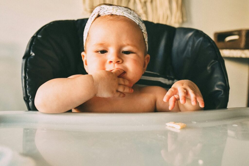 An 8-month-old baby sitting in a high chair, happily exploring finger foods during a meal, following a healthy 8-month-old baby feeding schedule