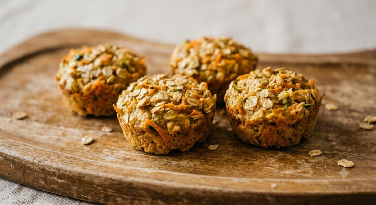 Zucchini and Carrot Savory Oat Bites for BLW served on a wooden board