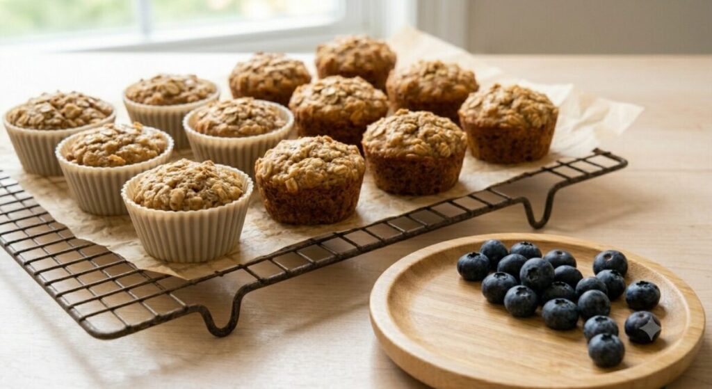 Golden-brown baked baby-led weaning banana oat muffins cooling on a wire rack, with fresh blueberries and a bamboo plate in the foreground.