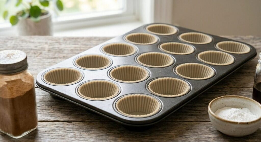 A close-up photograph of a lined mini-muffin tin, prepped with silicone liners and ready for baby-led weaning banana oat muffins.