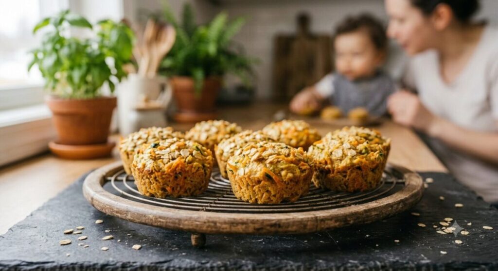 Top view of Zucchini and Carrot Savory Oat Bites for BLW ready for meal prep