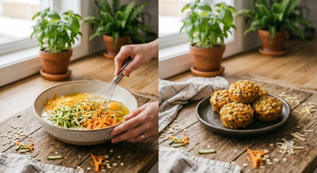 Mixing ingredients for Zucchini and Carrot Savory Oat Bites for BLW step-by-step