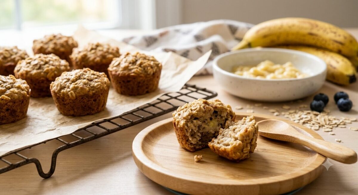 Healthy baby led weaning banana oat muffins served on a rustic cooling rack, with whole oats and ripe bananas in the background