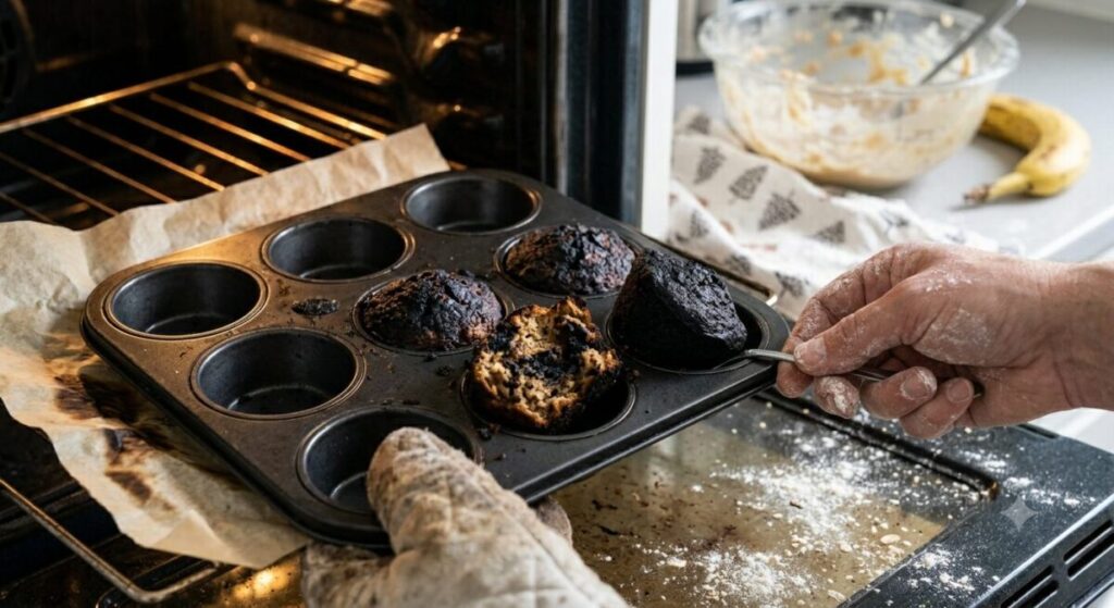 A failed batch of too dry, tough banana oat muffins, resembling 'rubber hockey pucks', sitting on a wire cooling rack