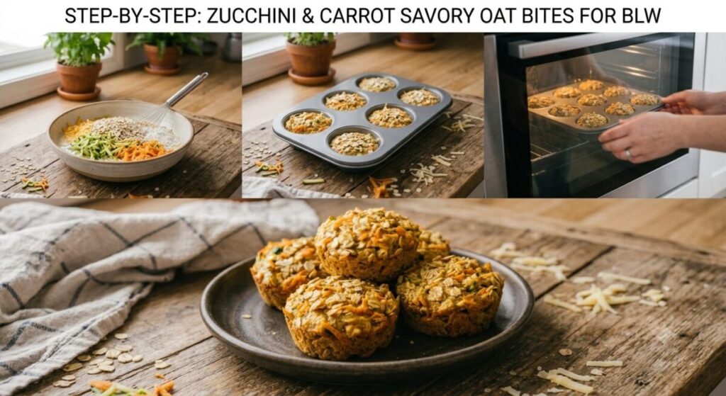 Baking Zucchini and Carrot Savory Oat Bites for BLW step-by-step in the oven
